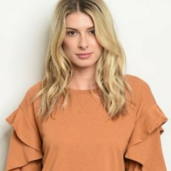 Soft Pullover Top with Ruffled Sleeves Camel - Picture 2 of 7
